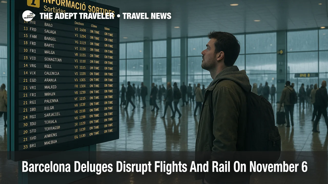 Traveler checks departures board inside Barcelona airport as rain eases, after 47 flight cancellations and rail interruptions on November 6