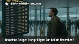 Traveler checks departures board inside Barcelona airport as rain eases, after 47 flight cancellations and rail interruptions on November 6