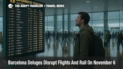 Traveler checks departures board inside Barcelona airport as rain eases, after 47 flight cancellations and rail interruptions on November 6