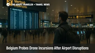 Traveler checks Brussels Airport departures board after drone disruptions, with authentic wayfinding visible and concourse crowd in evening light