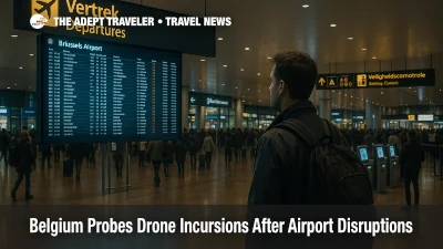 Traveler checks Brussels Airport departures board after drone disruptions, with authentic wayfinding visible and concourse crowd in evening light