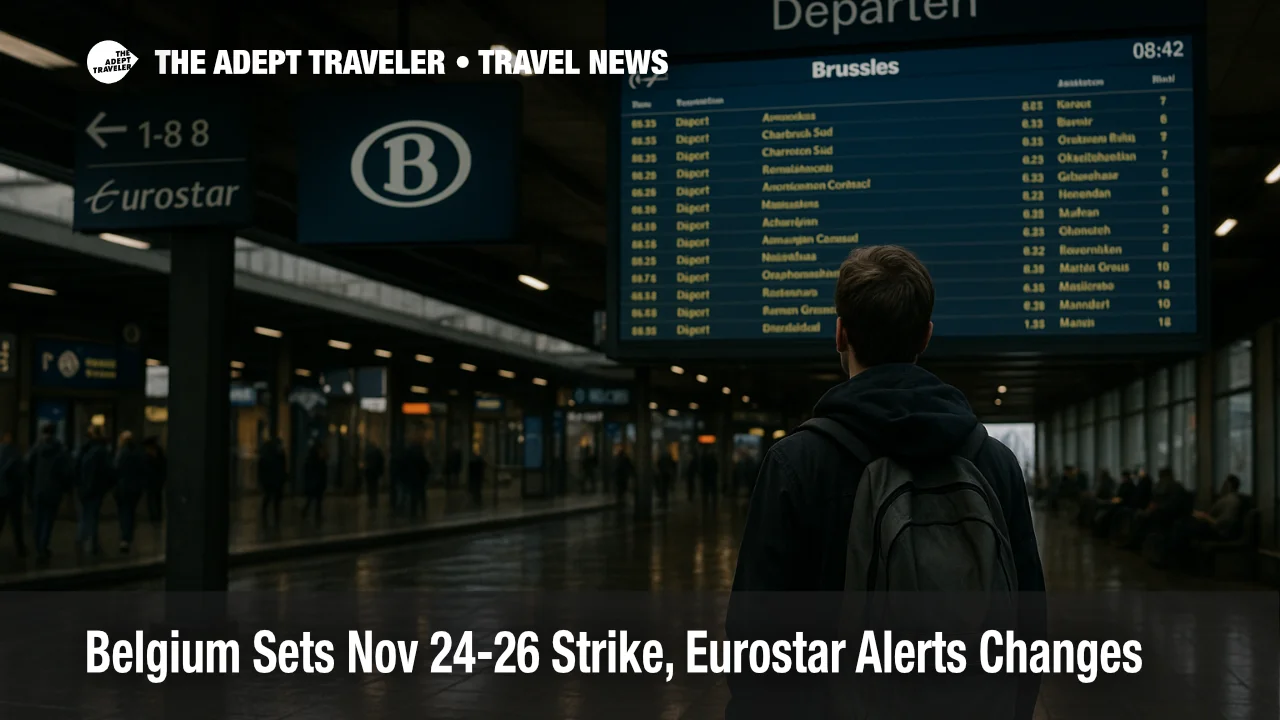 Traveler checks the departures board inside Brussels-Midi during the Belgium strike window, Eurostar and SNCB wayfinding visible, concourse lightly crowded