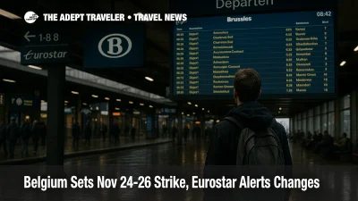 Traveler checks the departures board inside Brussels-Midi during the Belgium strike window, Eurostar and SNCB wayfinding visible, concourse lightly crowded