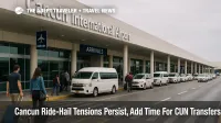 Subtle arrivals-curb scene at Cancun International Airport with small groups heading to official pickup zones, illustrating airport transfers and ride-hail guidance