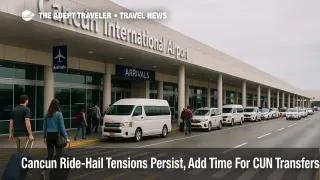 Subtle arrivals-curb scene at Cancun International Airport with small groups heading to official pickup zones, illustrating airport transfers and ride-hail guidance