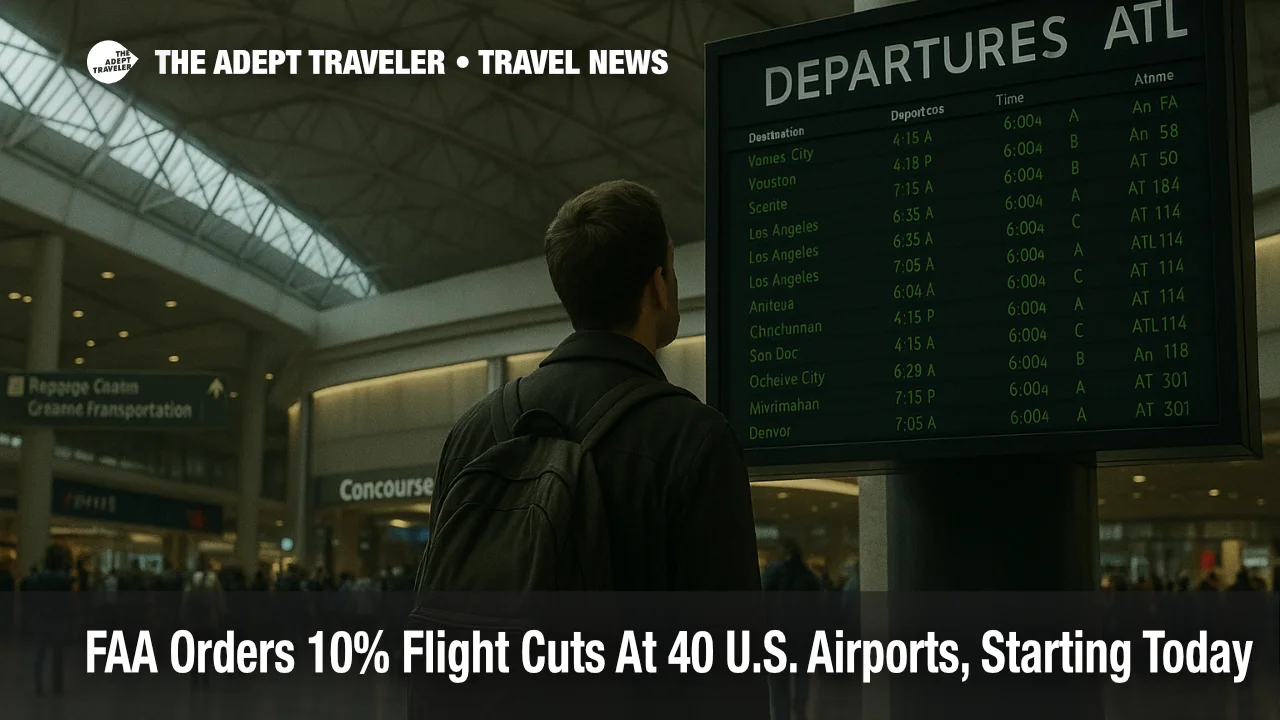 Traveler checks the departures board at Atlanta, as FAA flight cuts ramp from 4 to 10 percent across 40 U.S. airports through November 14