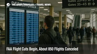 Traveler checks the departures board at Reagan National as FAA flight reductions begin, a subtle scene that signals domestic schedule cuts