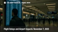 Traveler checks a departures board at Hartsfield-Jackson Atlanta amid nationwide flight delays and airport impacts from FAA schedule cuts