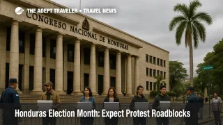 Small group of protesters near Honduras' National Congress in Tegucigalpa under overcast skies, subtle caution scene for election roadblocks