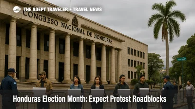 Small group of protesters near Honduras' National Congress in Tegucigalpa under overcast skies, subtle caution scene for election roadblocks