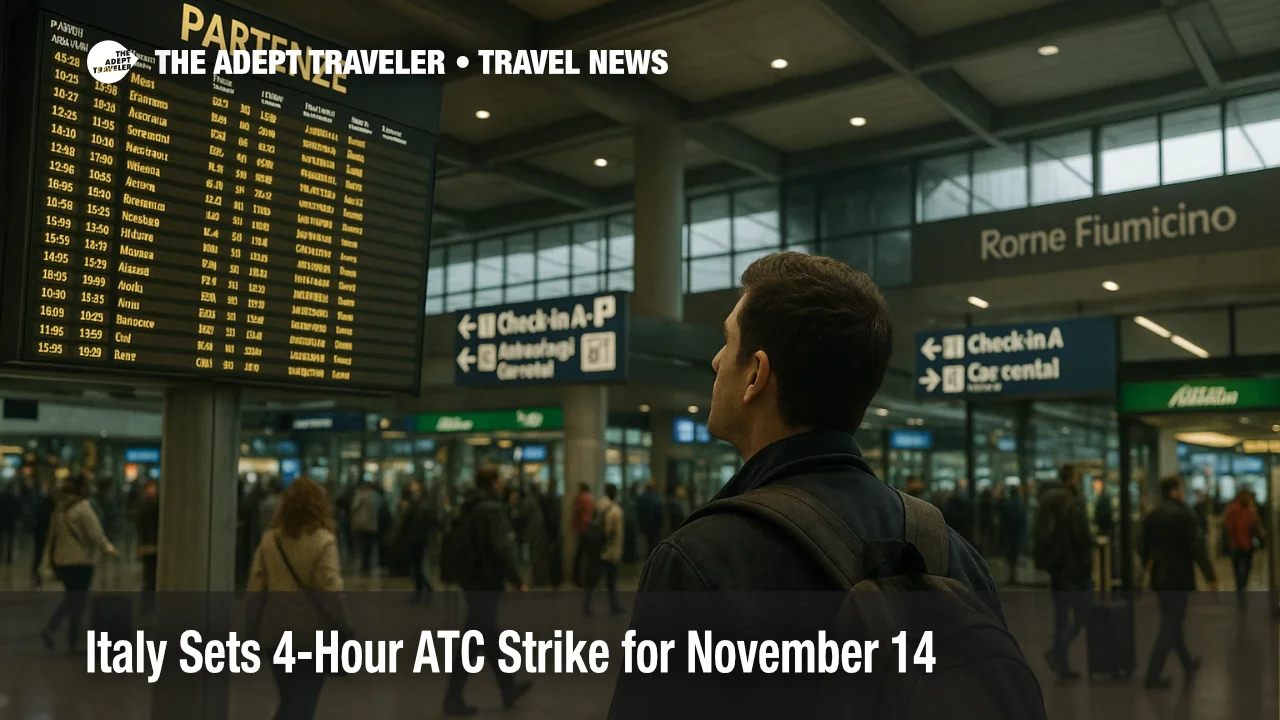 Traveler checks departures board inside Rome Fiumicino during Italy ATC strike window, subtle crowd and authentic wayfinding in departures hall