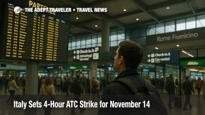 Traveler checks departures board inside Rome Fiumicino during Italy ATC strike window, subtle crowd and authentic wayfinding in departures hall