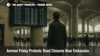 Traveler checks departures board inside Queen Alia Airport as Friday protests slow roads in Amman, subtle crowd and real wayfinding visible