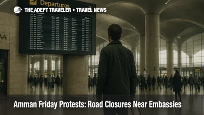 Traveler checks departures board inside Queen Alia Airport as Friday protests slow roads in Amman, subtle crowd and real wayfinding visible