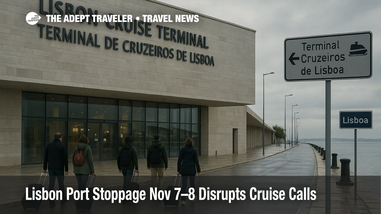Travelers with luggage approach Lisbon Cruise Terminal under bright overcast light during a port stoppage, reinforcing Lisbon port strike coverage