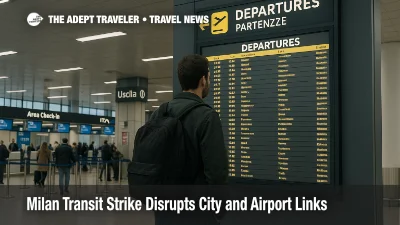 Traveler checks the departures board inside Milan Linate during the Milan transit strike, with authentic wayfinding and a steady concourse scene