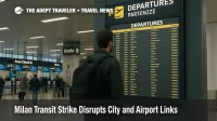 Traveler checks the departures board inside Milan Linate during the Milan transit strike, with authentic wayfinding and a steady concourse scene