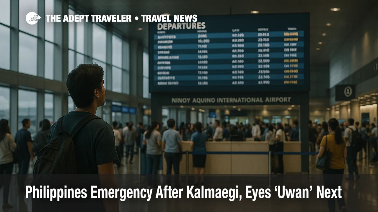 Traveler studies the departures board at Manila's Ninoy Aquino International Airport as storms approach, signaling likely flight delays across Luzon