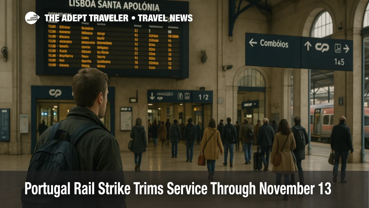 Traveler checking the departures board at Lisbon Santa Apolónia during Portugal rail strike, subtle crowd and authentic wayfinding in an overcast morning hall