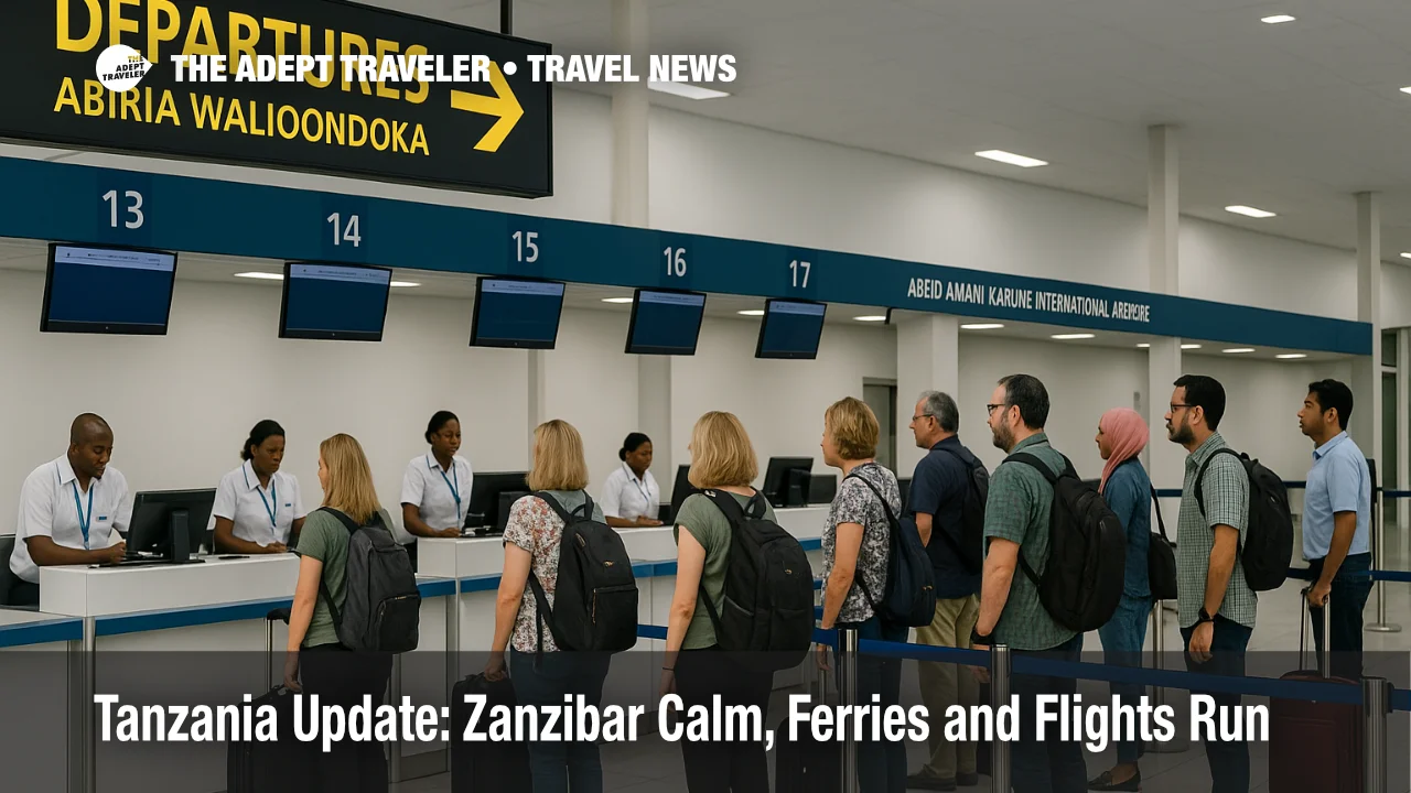 Travelers queue quietly at Zanzibar's Abeid Amani Karume airport check-in as operations run, a practical visual for the Tanzania travel update