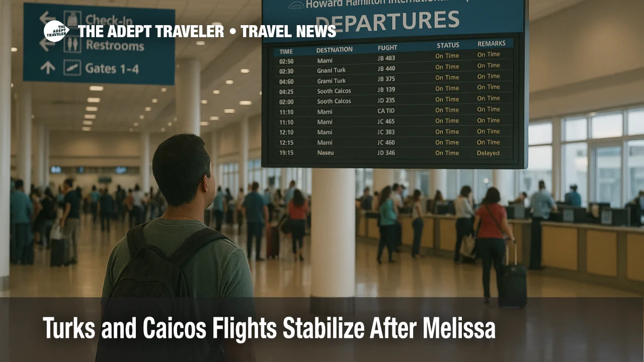 Traveler checks the departures board inside Providenciales departures hall as Turks and Caicos flights normalize after Hurricane Melissa