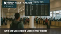 Traveler checks the departures board inside Providenciales departures hall as Turks and Caicos flights normalize after Hurricane Melissa