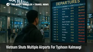 Traveler checks the departures board inside Da Nang airport as Kalmaegi disruptions ease, subtle crowd and wet floor reflections signal weather delays