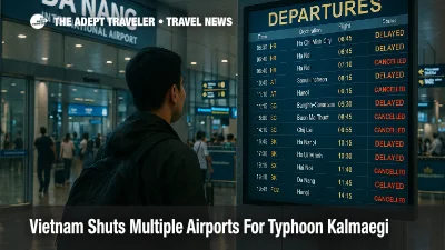 Traveler checks the departures board inside Da Nang airport as Kalmaegi disruptions ease, subtle crowd and wet floor reflections signal weather delays