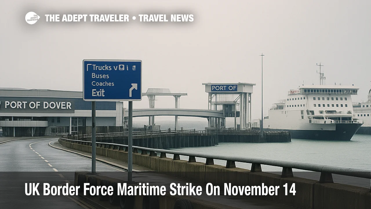 Quiet Port of Dover terminal approach on strike day, showing quay and wayfinding as travelers prepare for a Border Force Maritime strike on November 14