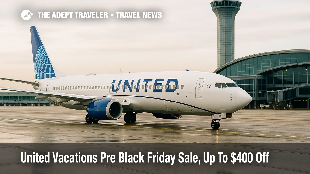 United Airlines jet taxiing at Chicago O'Hare, illustrating United Vacations Pre Black Friday sale with up to $400 off on air and hotel packages