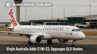 Virgin Australia E190-E2 taxiing at Perth Airport with the control tower and terminal in view, illustrating new regional capacity in Western Australia
