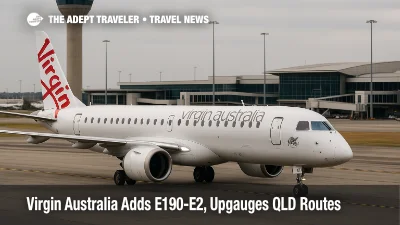 Virgin Australia E190-E2 taxiing at Perth Airport with the control tower and terminal in view, illustrating new regional capacity in Western Australia