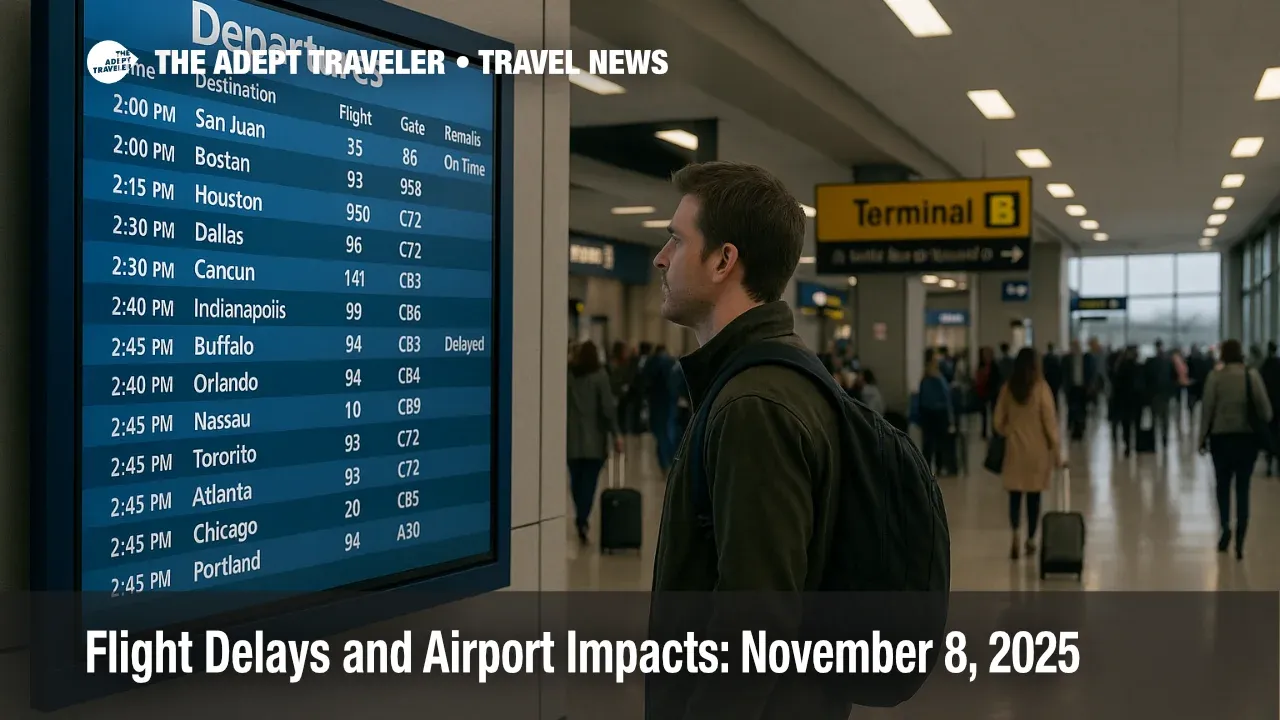 Traveler checks the departures board inside Chicago O'Hare as delay programs ripple through hubs on November 9, 2025