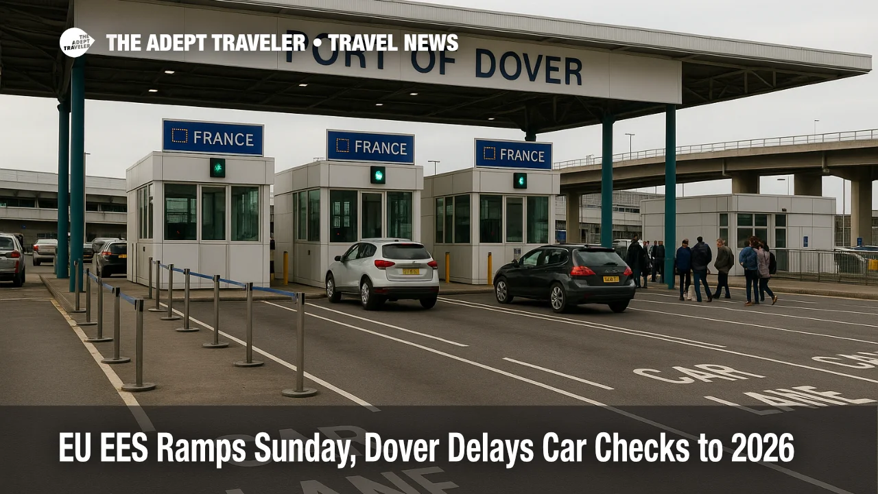 Car lanes and French control booths at the Port of Dover during EES rollout, clear lane markings and subtle queues, EU Entry Exit System context