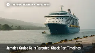Cruise ship passes Jamaica's coast at distance under hazy light, signaling rerouted calls while ports complete inspections and cleanup