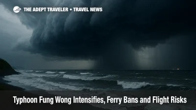 Dark squall lines close in on Virac Port as Typhoon Fung Wong approaches, rough seas and wet quays signaling marine suspensions and travel risks