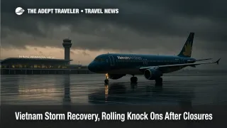 Rain darkened taxiway at Da Nang International Airport with Vietnam Airlines jet taxiing, terminal and tower visible as storm bands approach, Vietnam storm recovery