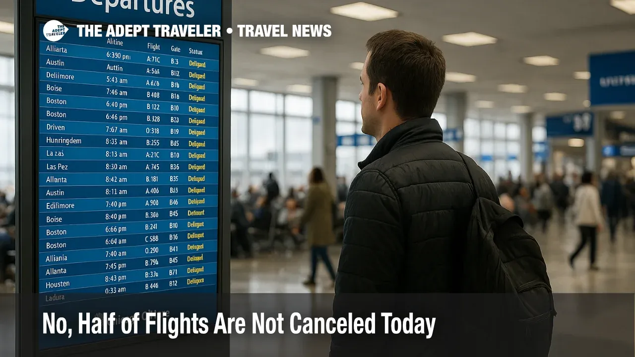 Traveler checks departures board inside Chicago O'Hare, illustrating delays context under FAA flight trims and how to read today's flight disruption numbers