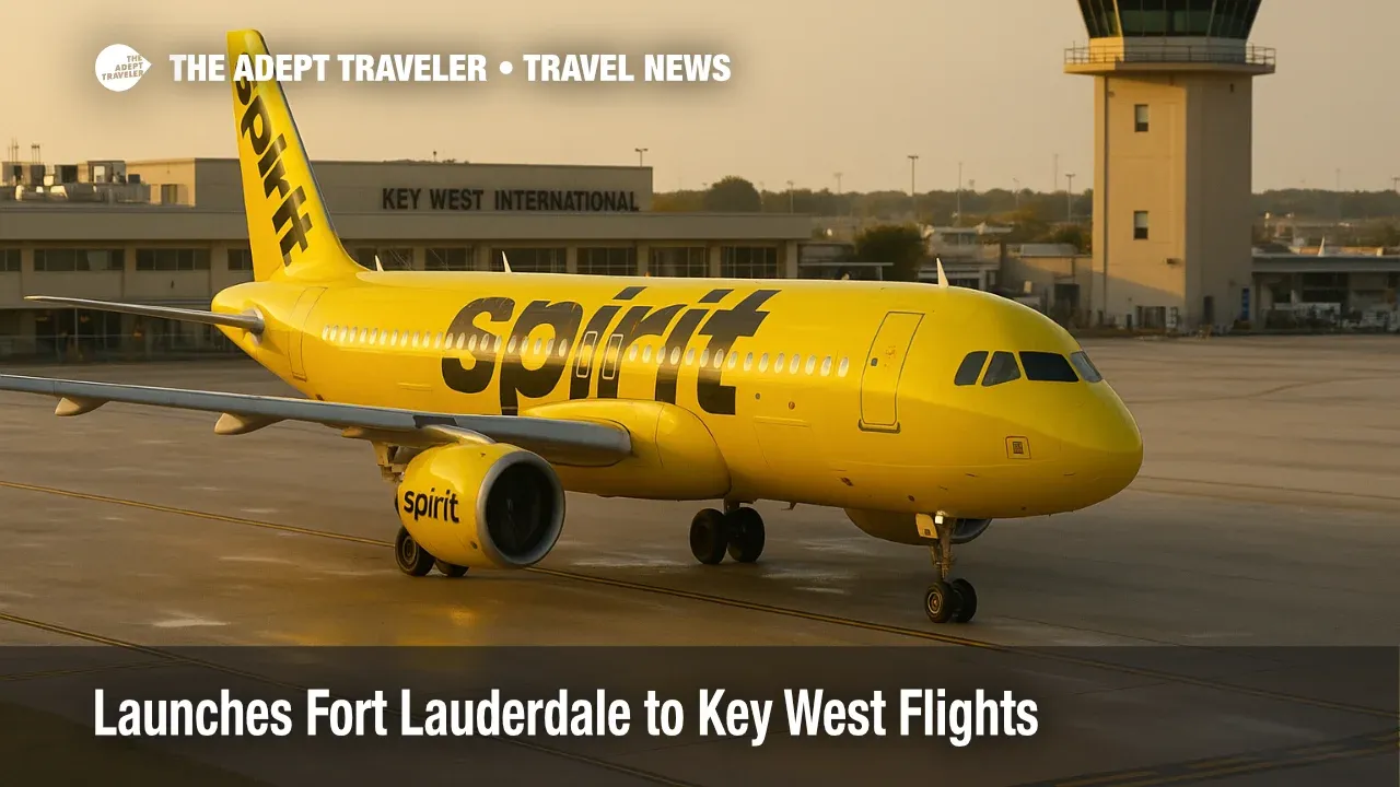 Spirit Airbus taxiing at Key West International Airport with terminal and tower visible, highlighting new Fort Lauderdale to Key West nonstop service