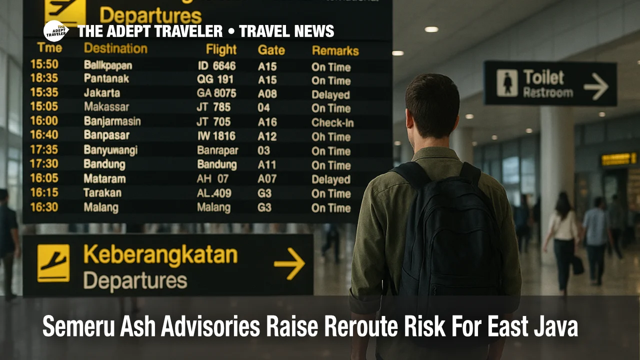 Traveler checks departures board at Juanda International Airport as Semeru ash advisories prompt minor reroutes and connection buffers