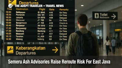Traveler checks departures board at Juanda International Airport as Semeru ash advisories prompt minor reroutes and connection buffers