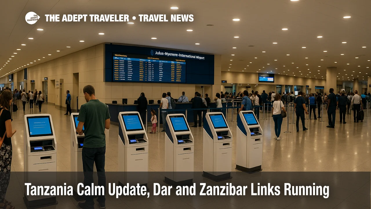 Travelers at Julius Nyerere International check-in, visible board and kiosks, calm operations during Tanzania travel update with security presence