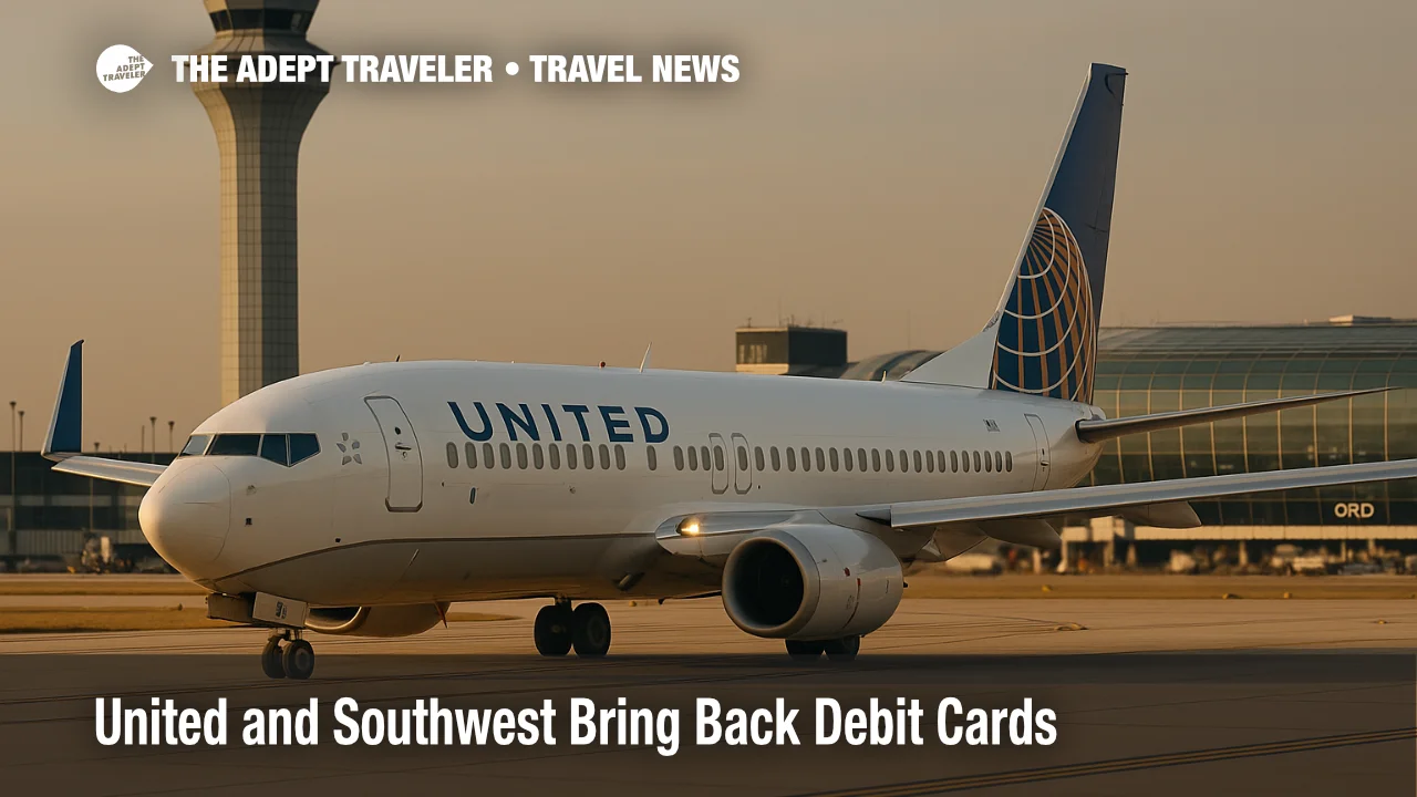 United Airlines 737 taxiing at Chicago O'Hare with the control tower in view, illustrating supplier news on new airline debit cards