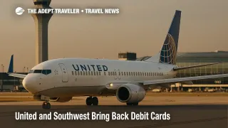 United Airlines 737 taxiing at Chicago O'Hare with the control tower in view, illustrating supplier news on new airline debit cards