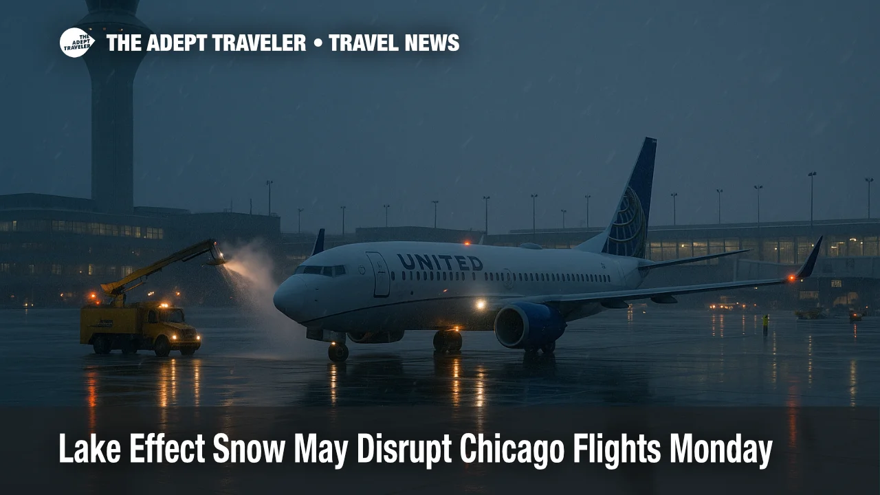 Snow and deicing at O'Hare during a lake effect band, wet tarmac and tower visible, signaling likely flight delays for Chicago travelers