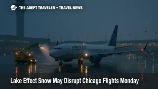 Snow and deicing at O'Hare during a lake effect band, wet tarmac and tower visible, signaling likely flight delays for Chicago travelers