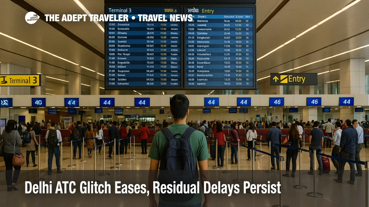 Traveler checks the departures board in Delhi's Terminal 3 as operations recover after an ATC messaging failure, with queues and counters active