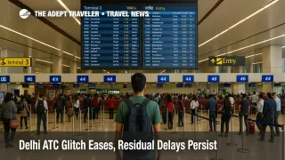Traveler checks the departures board in Delhi's Terminal 3 as operations recover after an ATC messaging failure, with queues and counters active