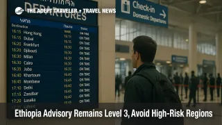 Traveler checks a departures board inside Addis Ababa Bole as Ethiopia travel advisory holds at Level 3, prompting conservative airport buffers