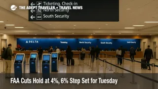Travelers at Atlanta check-in kiosks under FAA flight cuts, with subtle queues and authentic wayfinding as ground delay programs extend cancellations